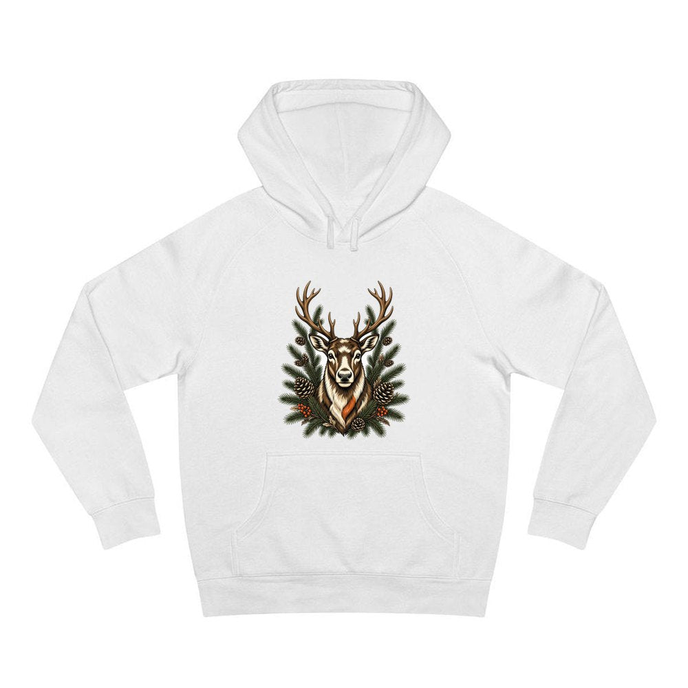 Reindeer Among Pine Branches personalised Christmas hoodie in white