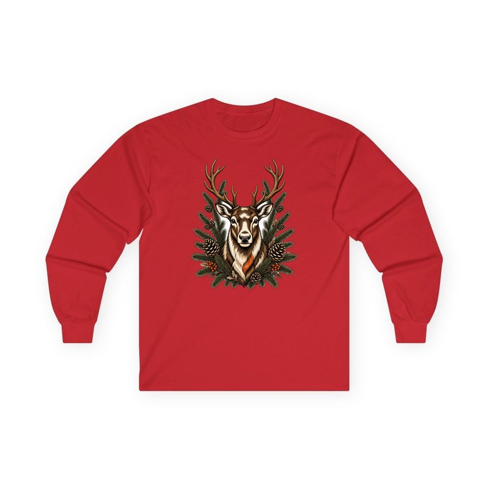 Reindeer Among Pine Branches personalised long sleeve Christmas T-shirt in red