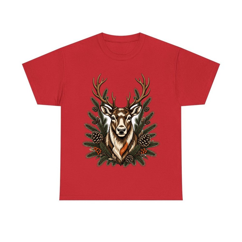 Reindeer Among Pine Branches personalised Christmas T-shirt in red