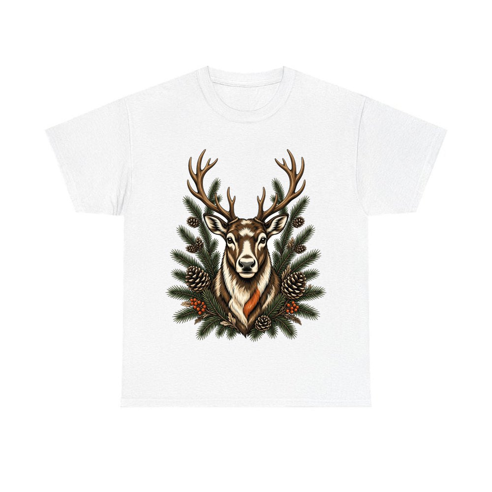 Reindeer Among Pine Branches personalised Christmas T-shirt in white
