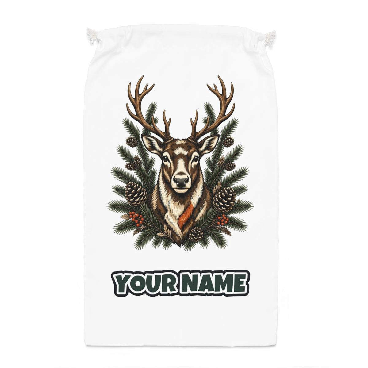 Reindeer Among Pine Branches Santa sack laid flat, showing the full print