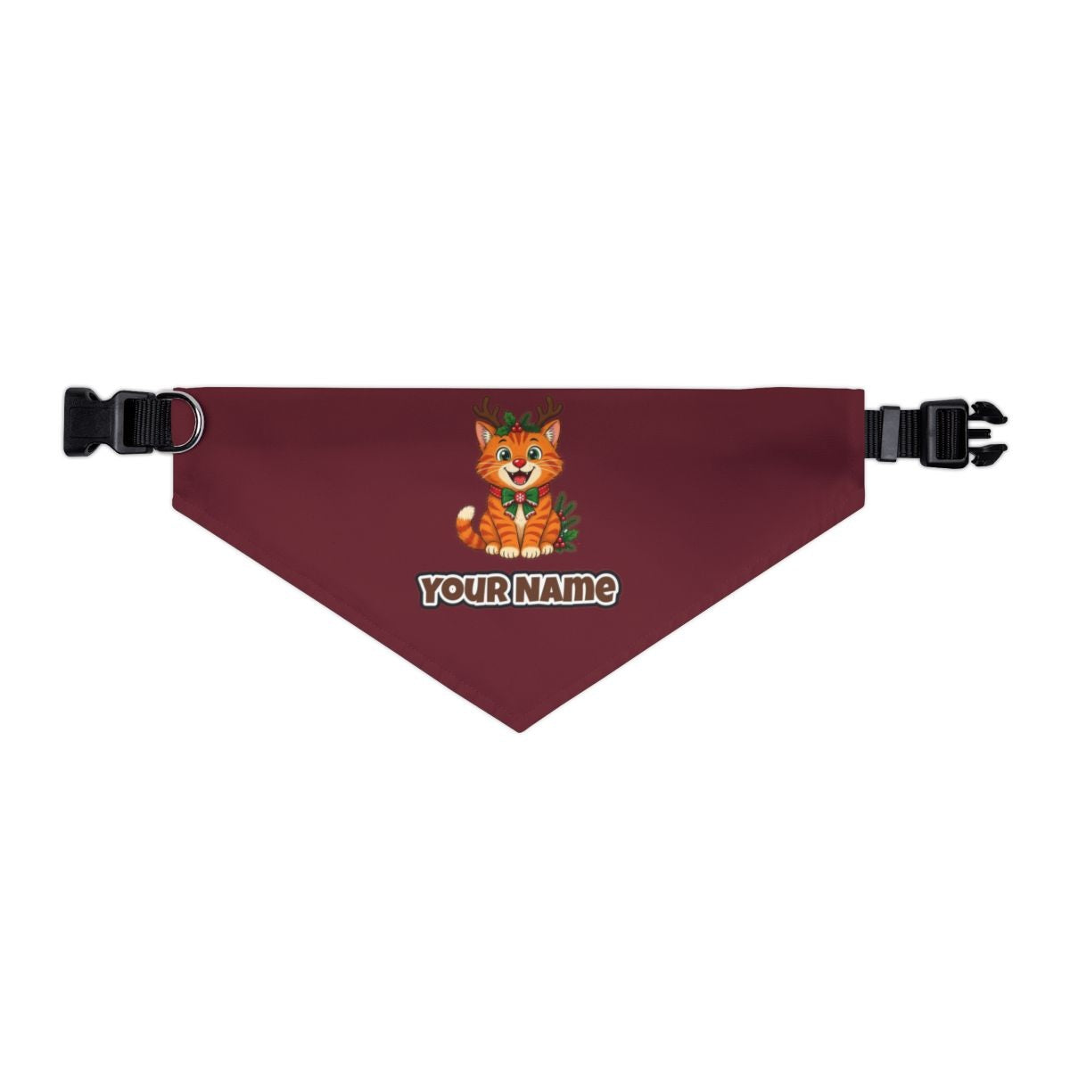 Reindeer Antler Cat personalised Christmas pet bandana in maroon, collar with buckle