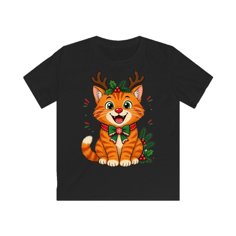 Reindeer Antler Cat personalised kids Christmas tee in black