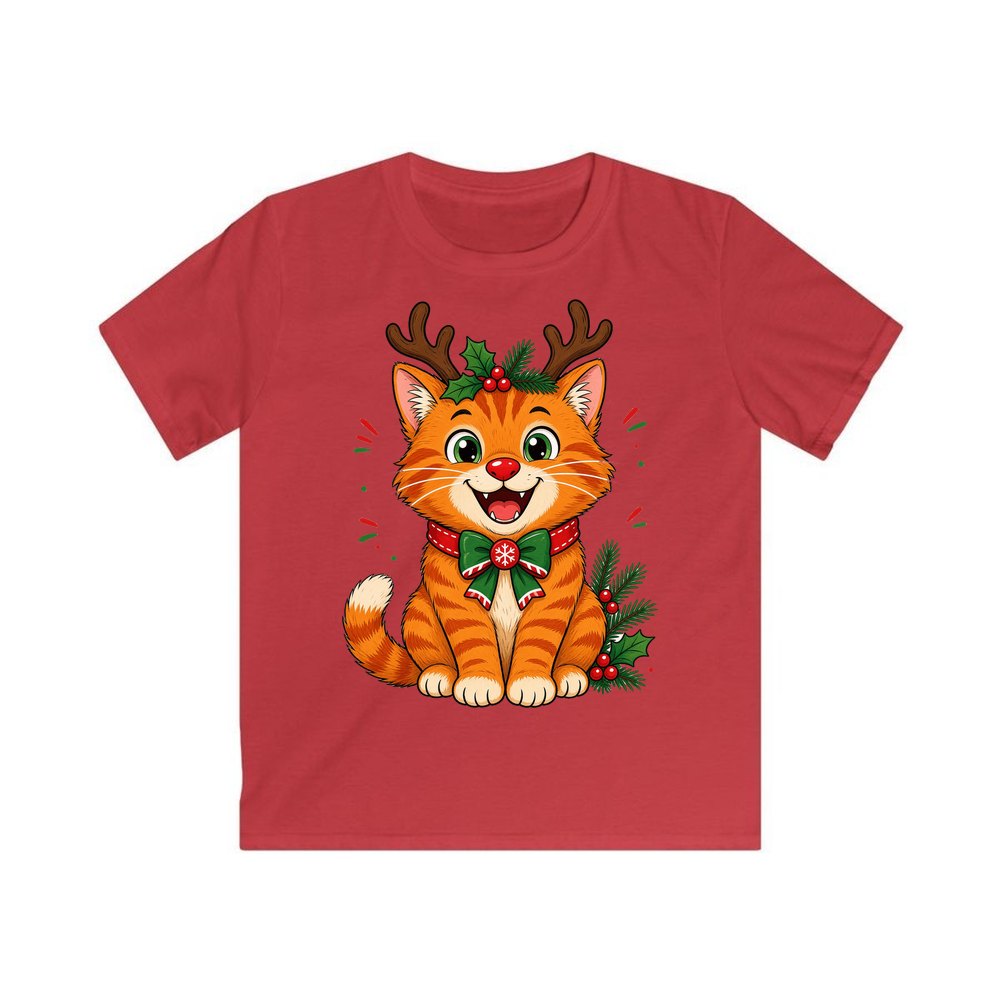 Reindeer Antler Cat personalised kids Christmas tee in red