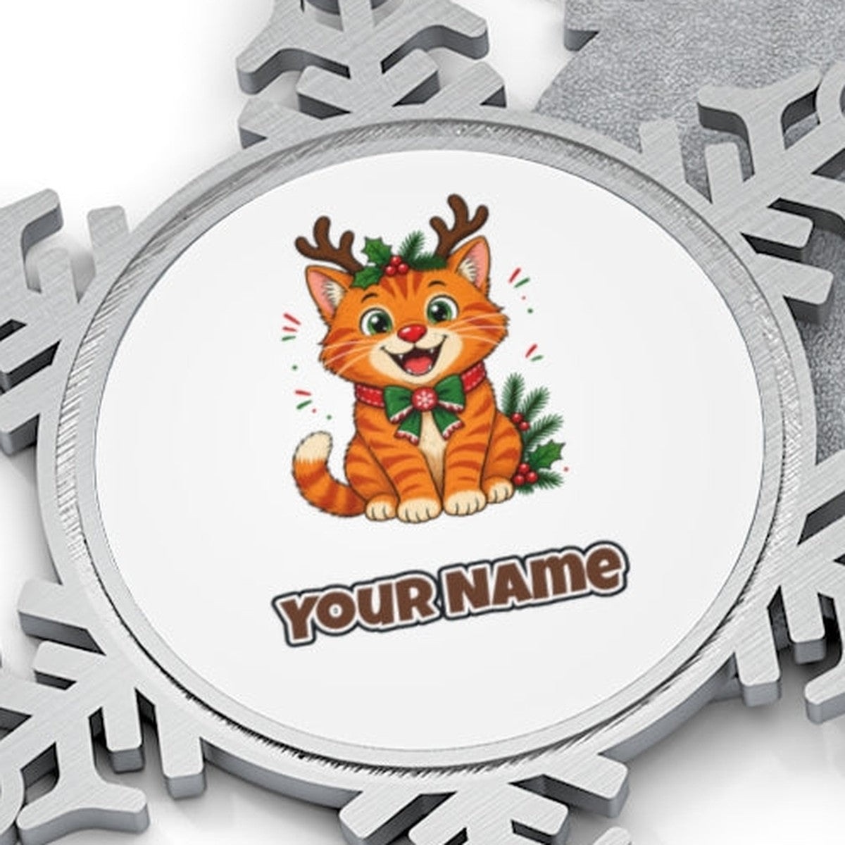 Reindeer Antler Cat Personalised Pewter Christmas Ornament