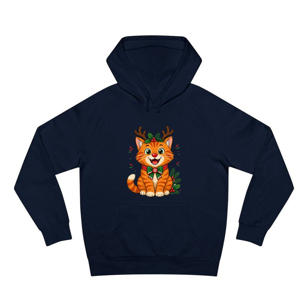 Reindeer Antler Cat personalised Christmas hoodie in navy