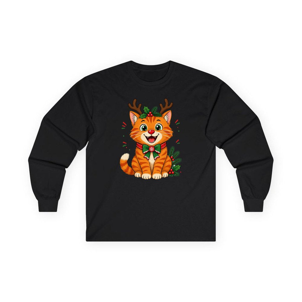 Reindeer Antler Cat personalised long sleeve Christmas T-shirt in black