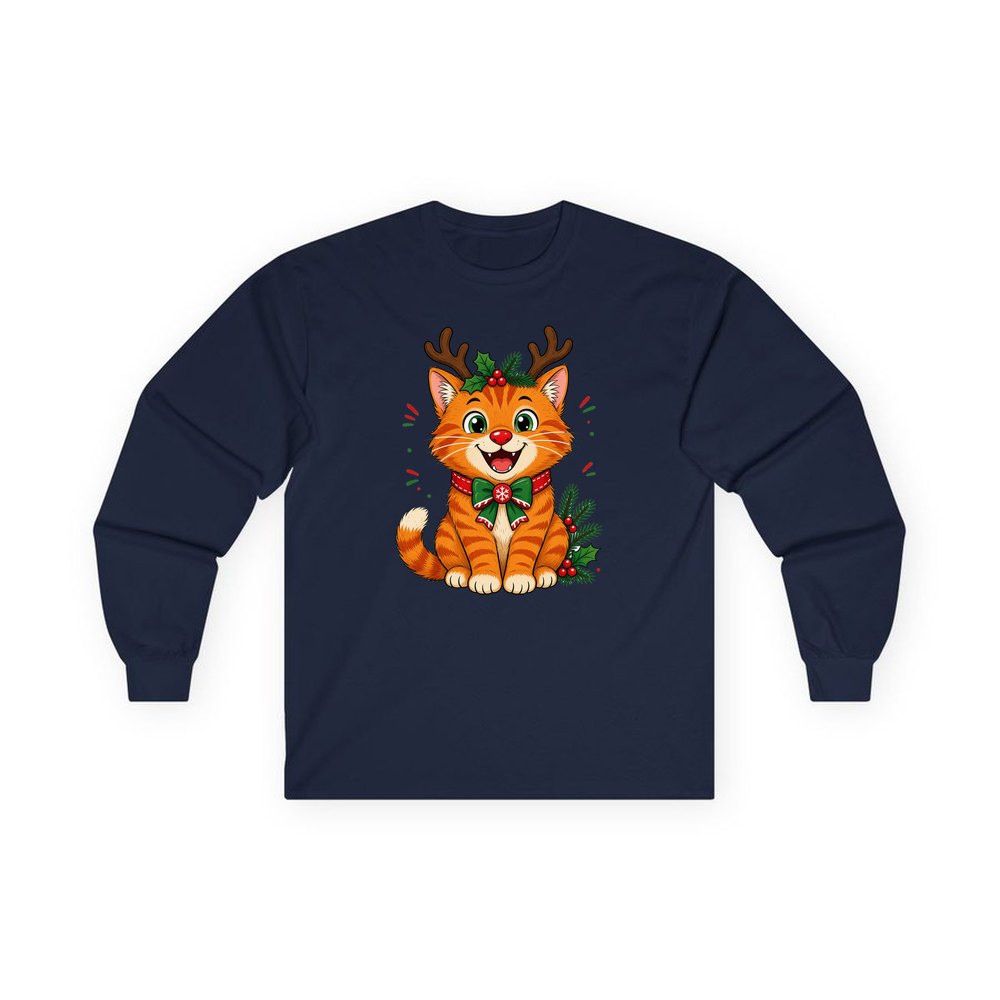 Reindeer Antler Cat personalised long sleeve Christmas T-shirt in navy