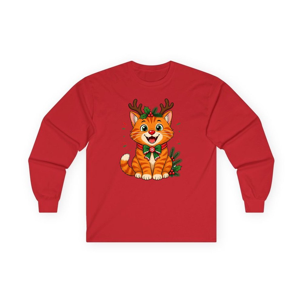 Reindeer Antler Cat personalised long sleeve Christmas T-shirt in red