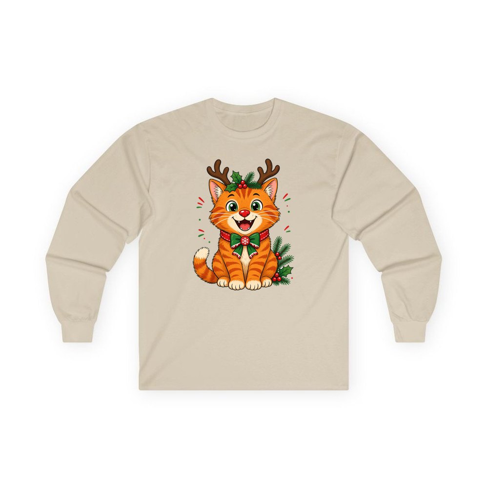 Reindeer Antler Cat personalised long sleeve Christmas T-shirt in sand