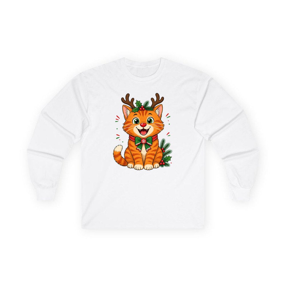 Reindeer Antler Cat personalised long sleeve Christmas T-shirt in white