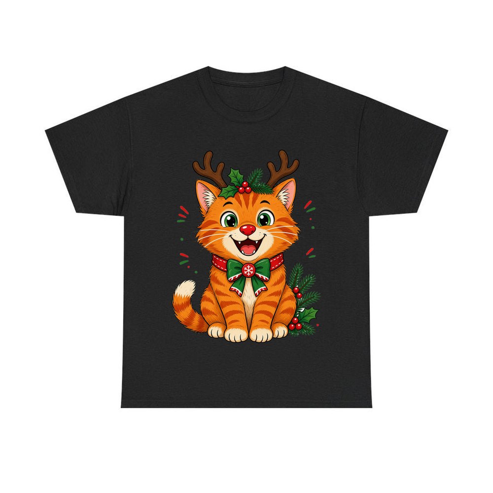 Reindeer Antler Cat personalised Christmas T-shirt in black