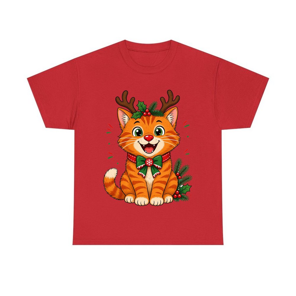 Reindeer Antler Cat personalised Christmas T-shirt in red
