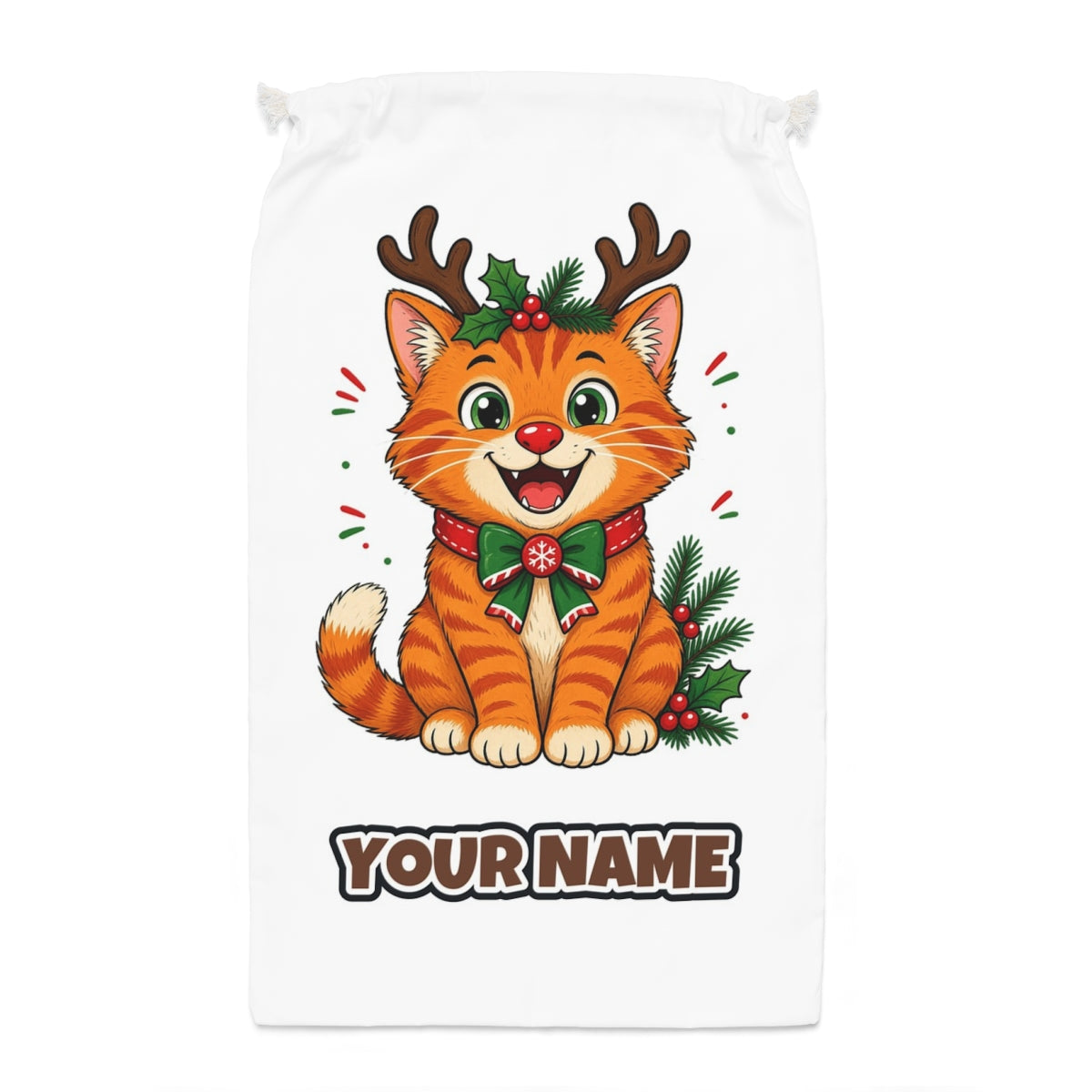 Reindeer Antler Cat Santa sack laid flat, showing the full print