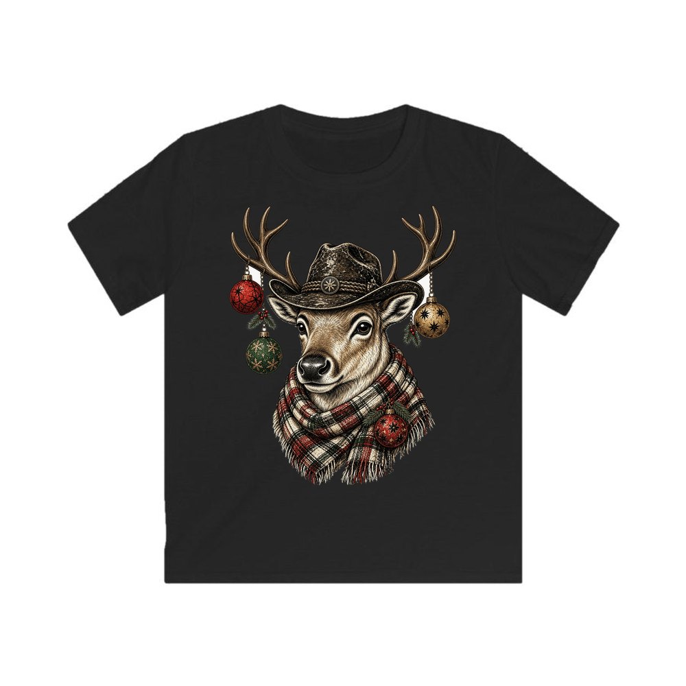 Reindeer in a Bush Hat personalised kids Christmas tee in black