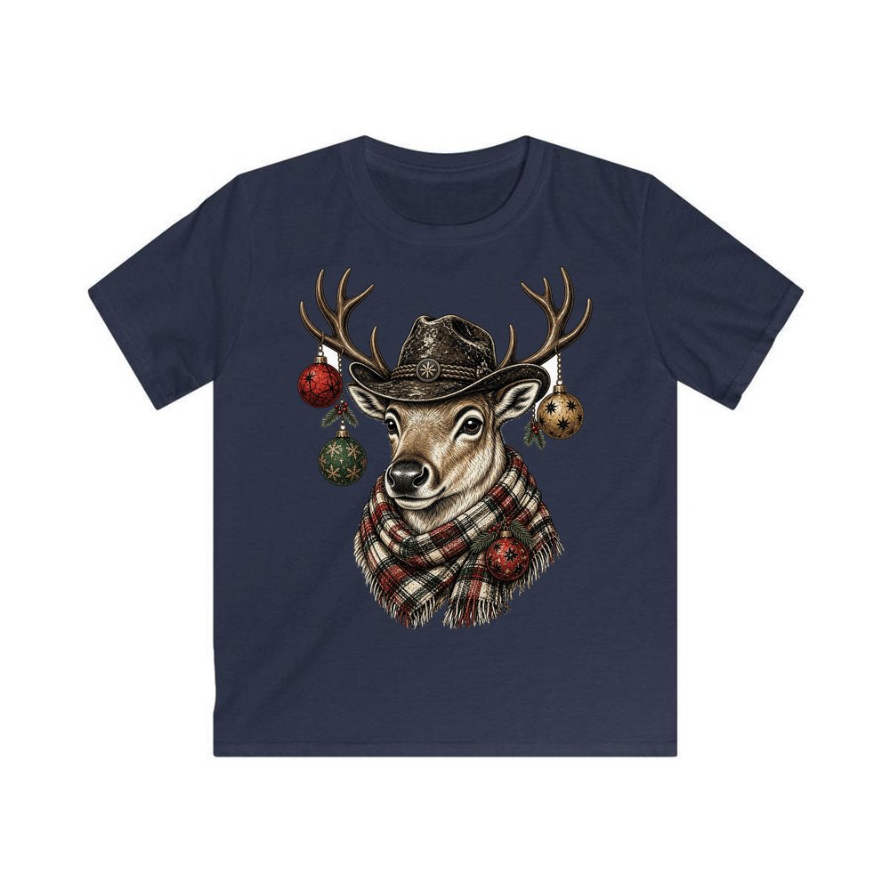 Reindeer in a Bush Hat personalised kids Christmas tee in navy