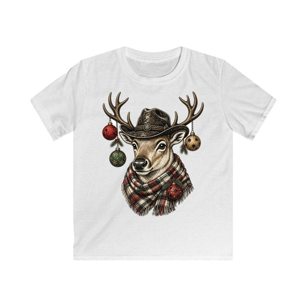 Reindeer in a Bush Hat personalised kids Christmas tee in white