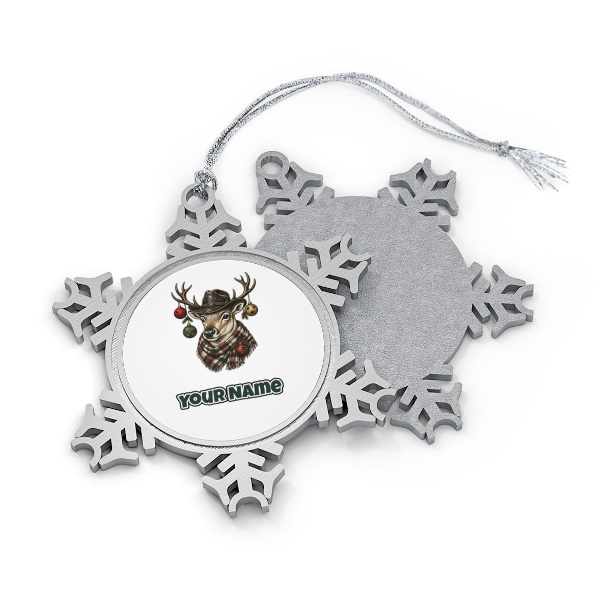 Reindeer in a Bush Hat Personalised Pewter Christmas Ornament