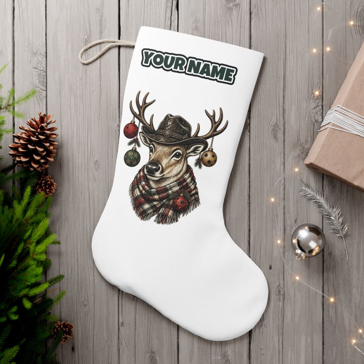 Reindeer in a Bush Hat personalised Christmas stocking, white, with the name across the top