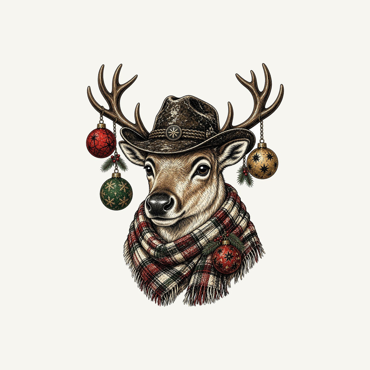 Reindeer in a Bush Hat Christmas artwork, the design printed on the personalised stocking