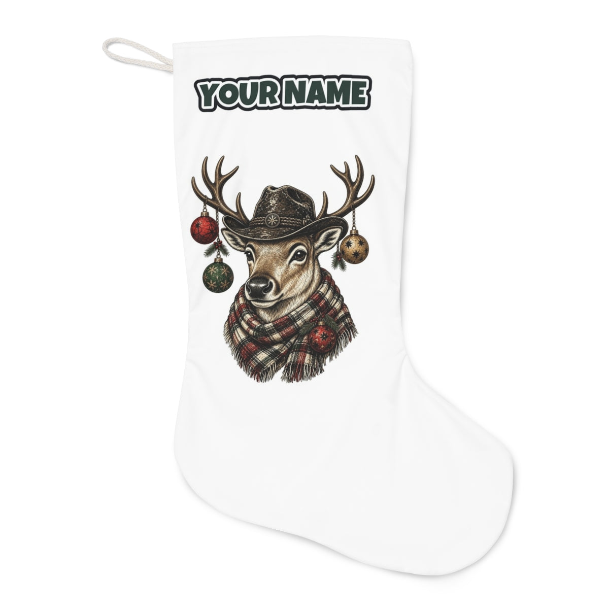 Reindeer in a Bush Hat Christmas stocking laid flat, showing the full print