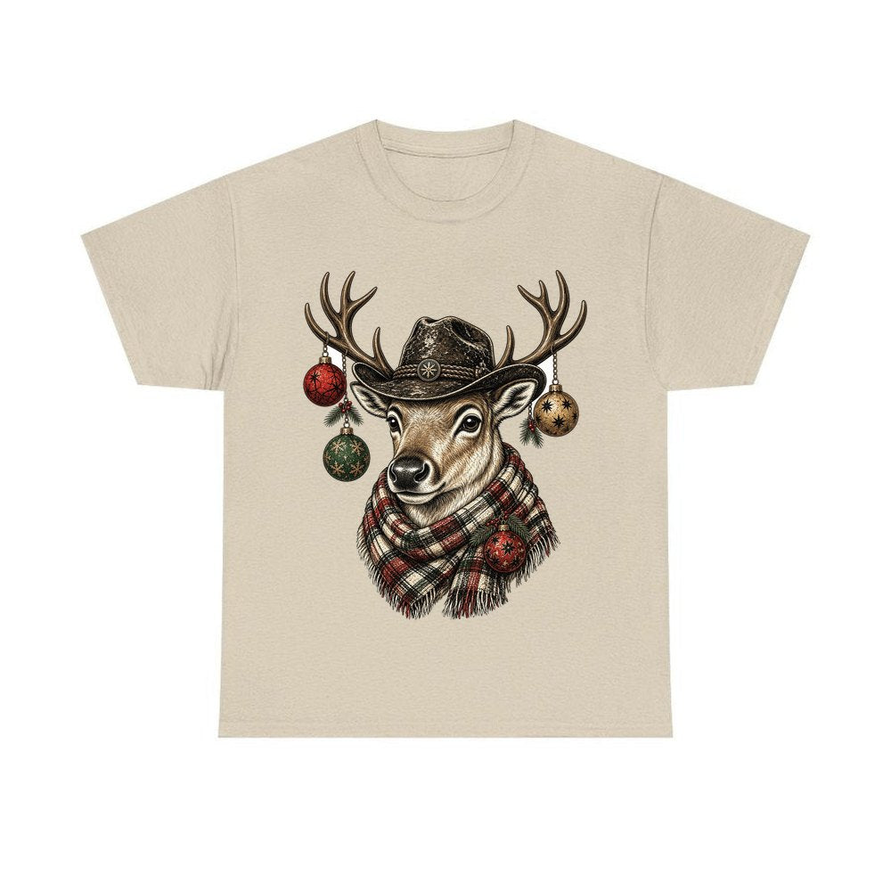 Reindeer in a Bush Hat personalised Christmas T-shirt in sand
