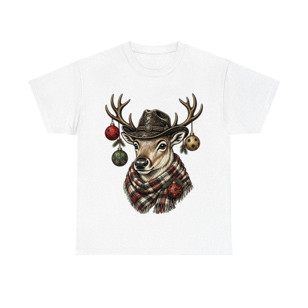 Reindeer in a Bush Hat personalised Christmas T-shirt in white