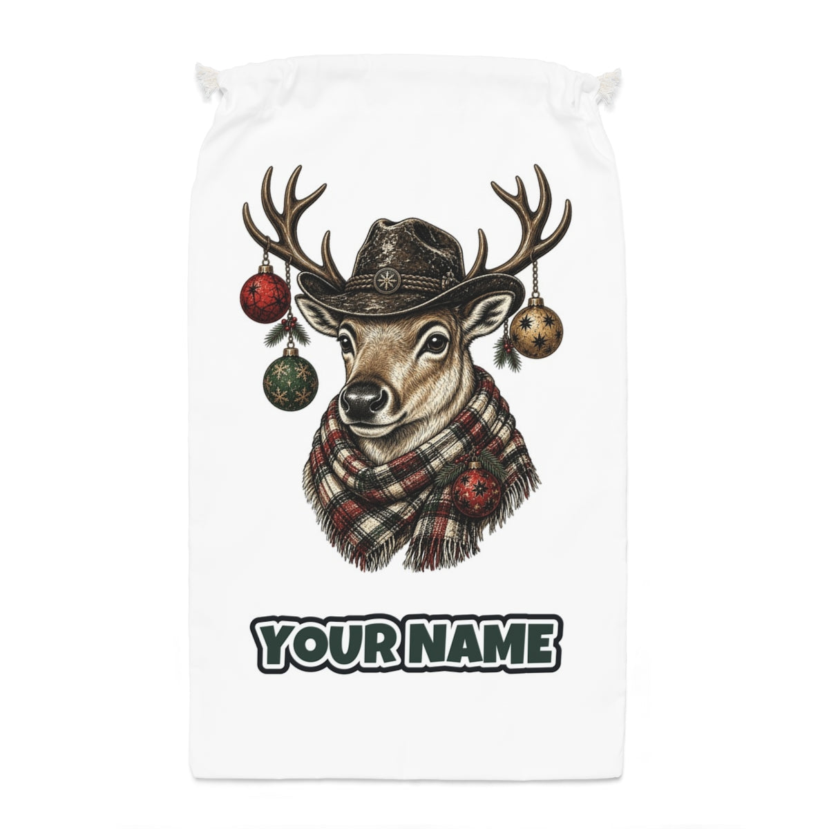 Reindeer in a Bush Hat Santa sack laid flat, showing the full print