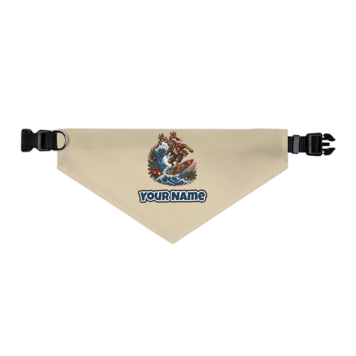 Reindeer on a Longboard personalised Christmas pet bandana in beige, collar with buckle