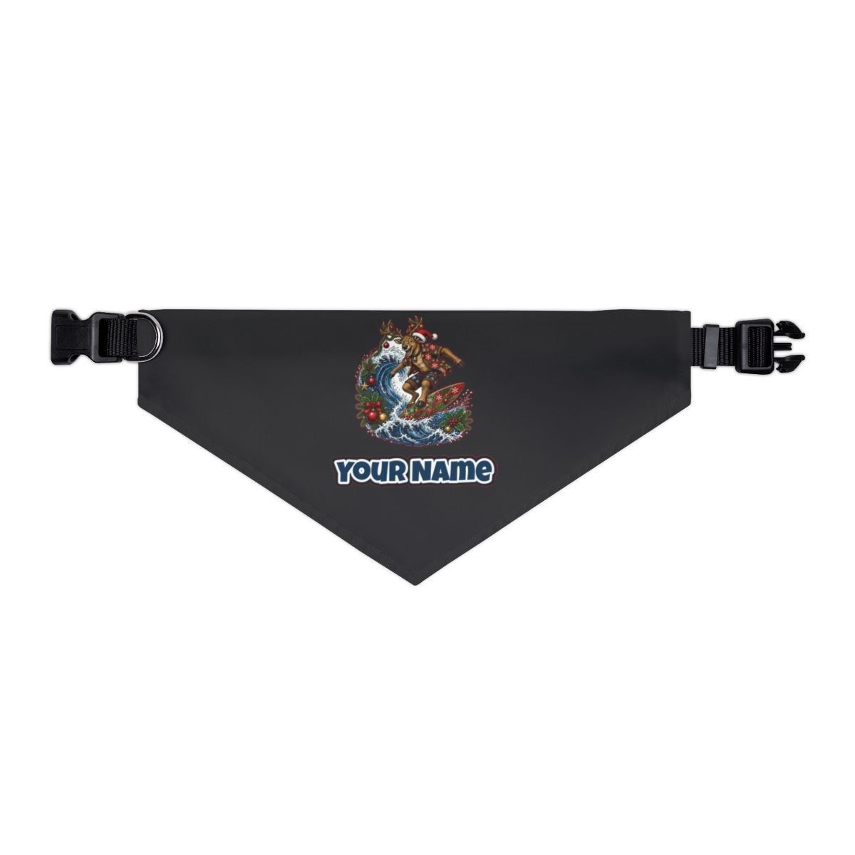Reindeer on a Longboard personalised Christmas pet bandana in black, collar with buckle