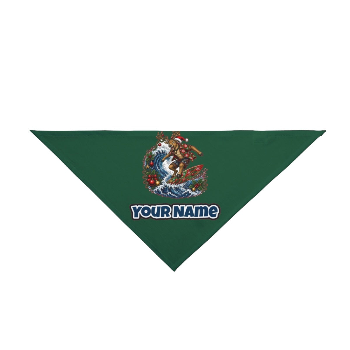 Reindeer on a Longboard personalised Christmas pet bandana in green, tie-on style