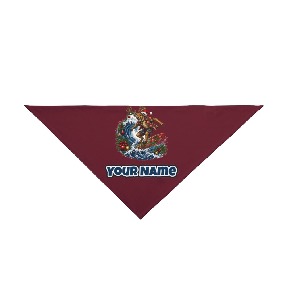 Reindeer on a Longboard personalised Christmas pet bandana in maroon, tie-on style