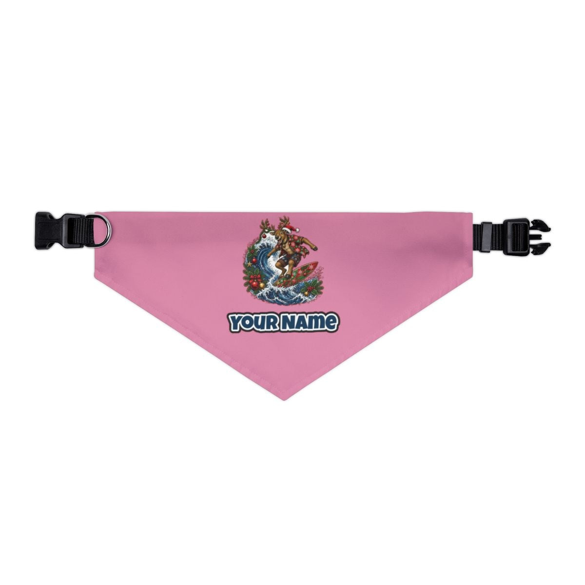 Reindeer on a Longboard personalised Christmas pet bandana in pink, collar with buckle