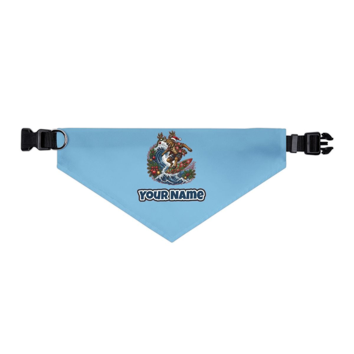 Reindeer on a Longboard personalised Christmas pet bandana in sky blue, collar with buckle