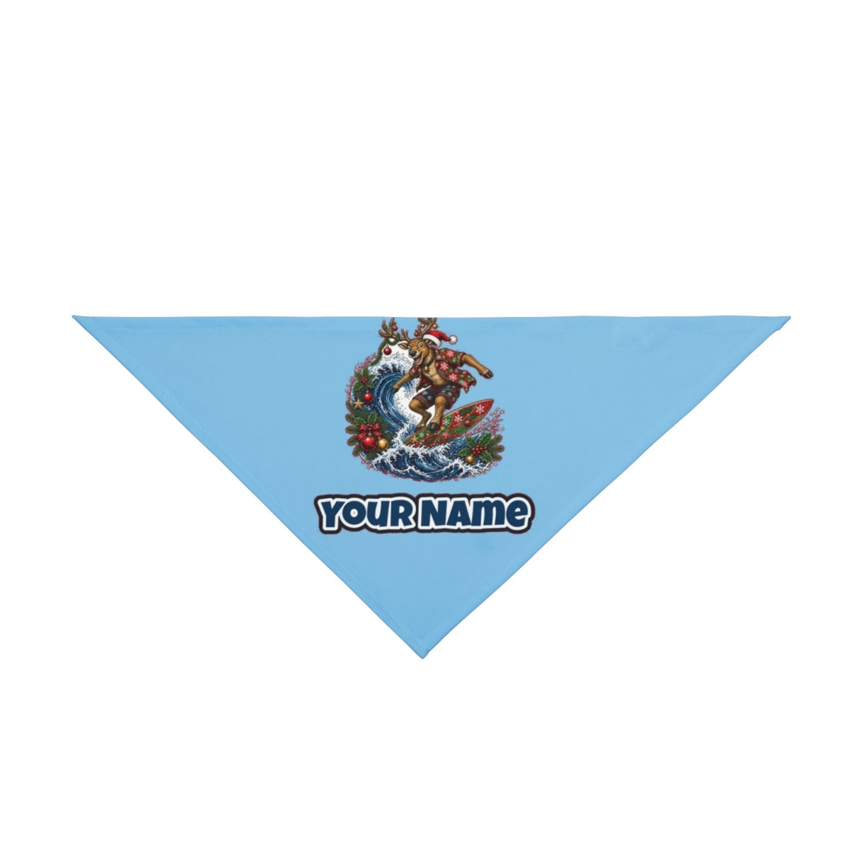 Reindeer on a Longboard personalised Christmas pet bandana in sky blue, tie-on style