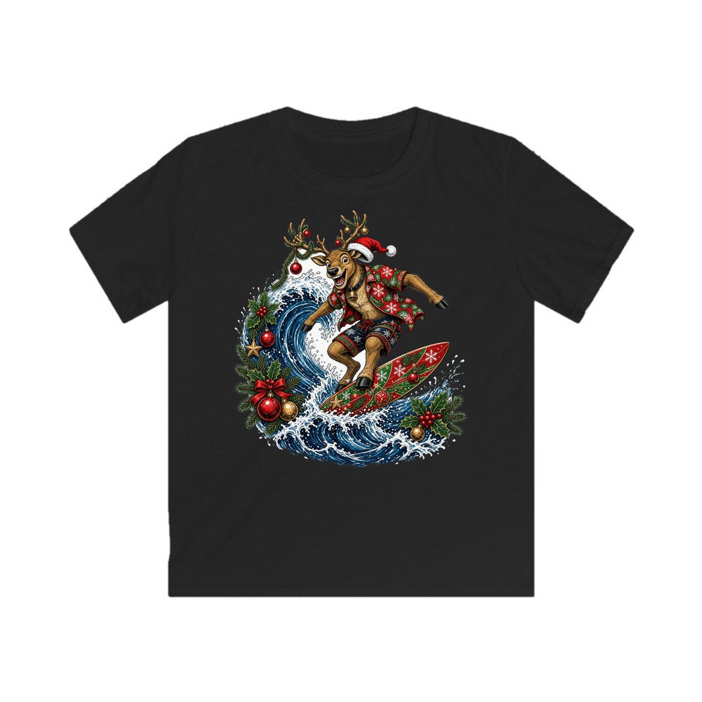 Reindeer on a Longboard personalised kids Christmas tee in black
