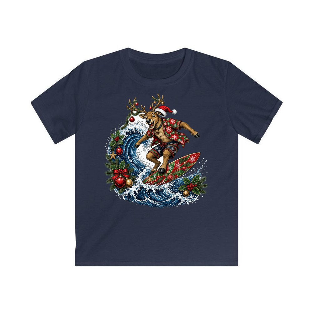 Reindeer on a Longboard personalised kids Christmas tee in navy