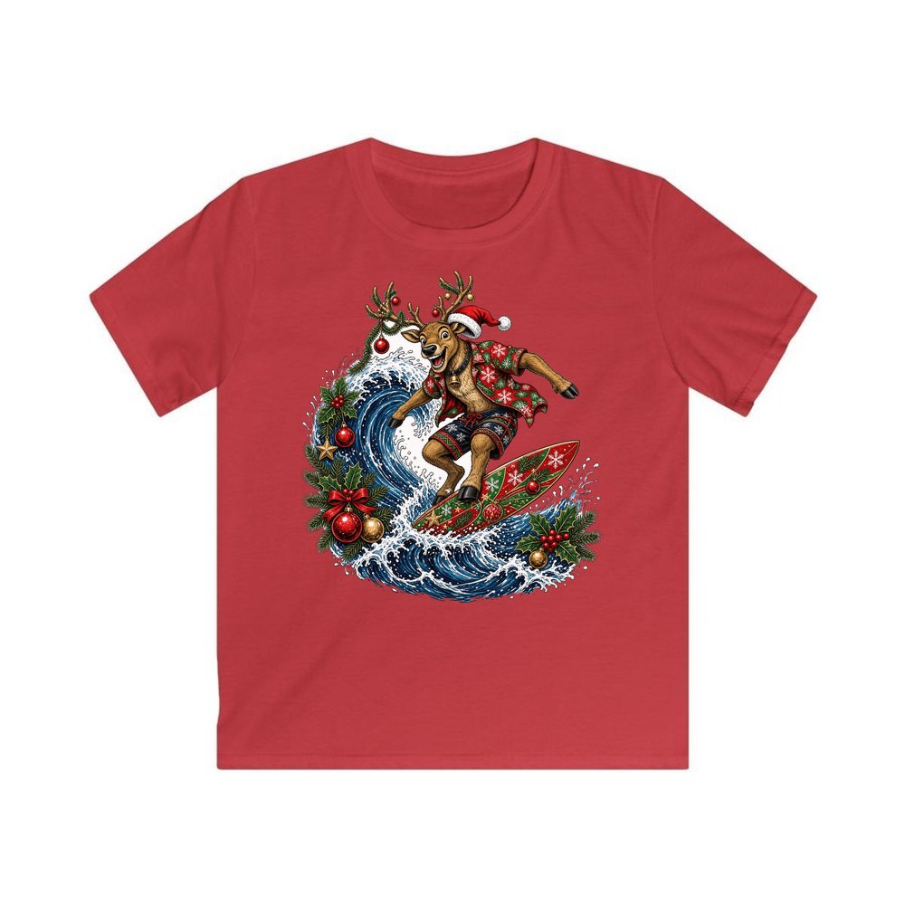 Reindeer on a Longboard personalised kids Christmas tee in red