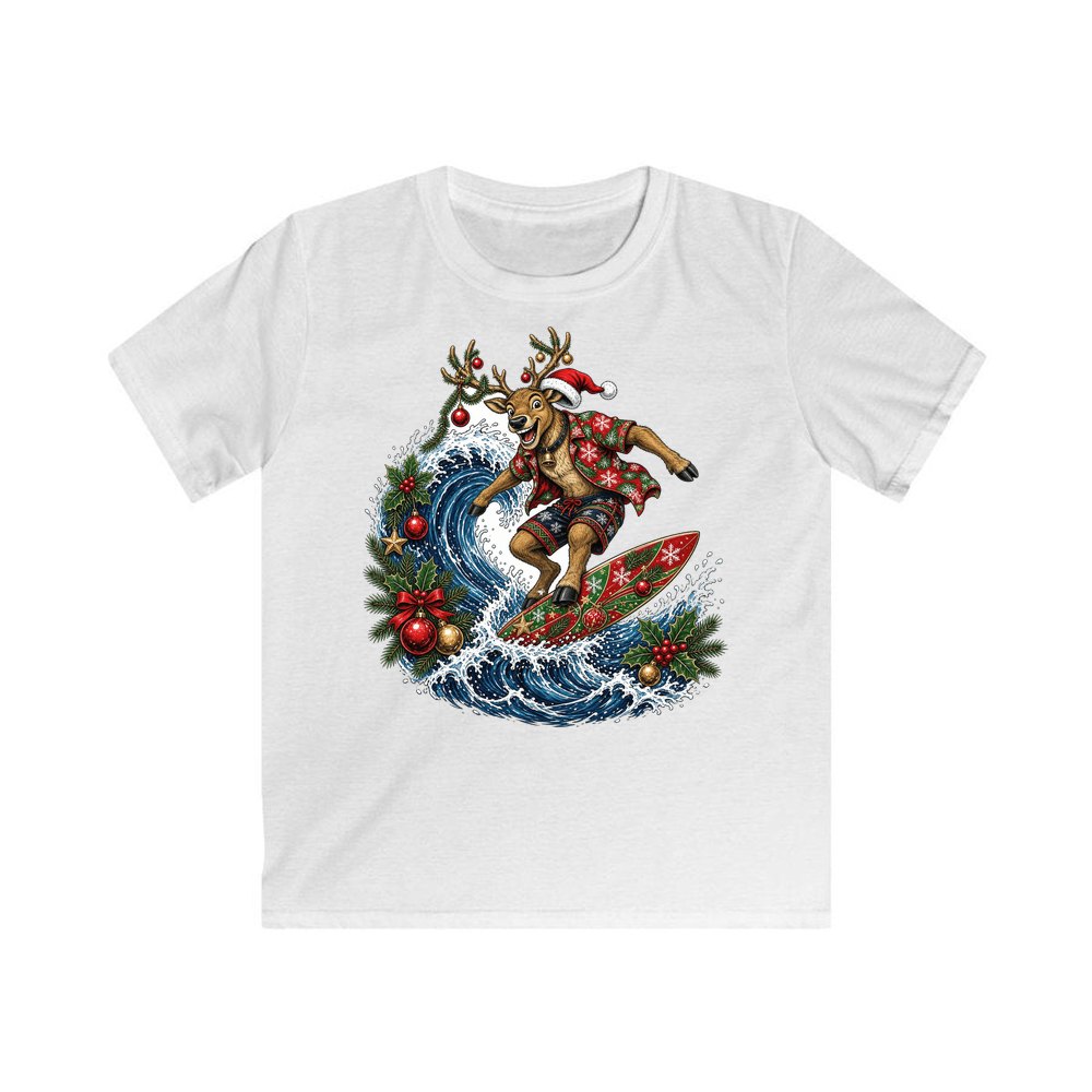 Reindeer on a Longboard personalised kids Christmas tee in white