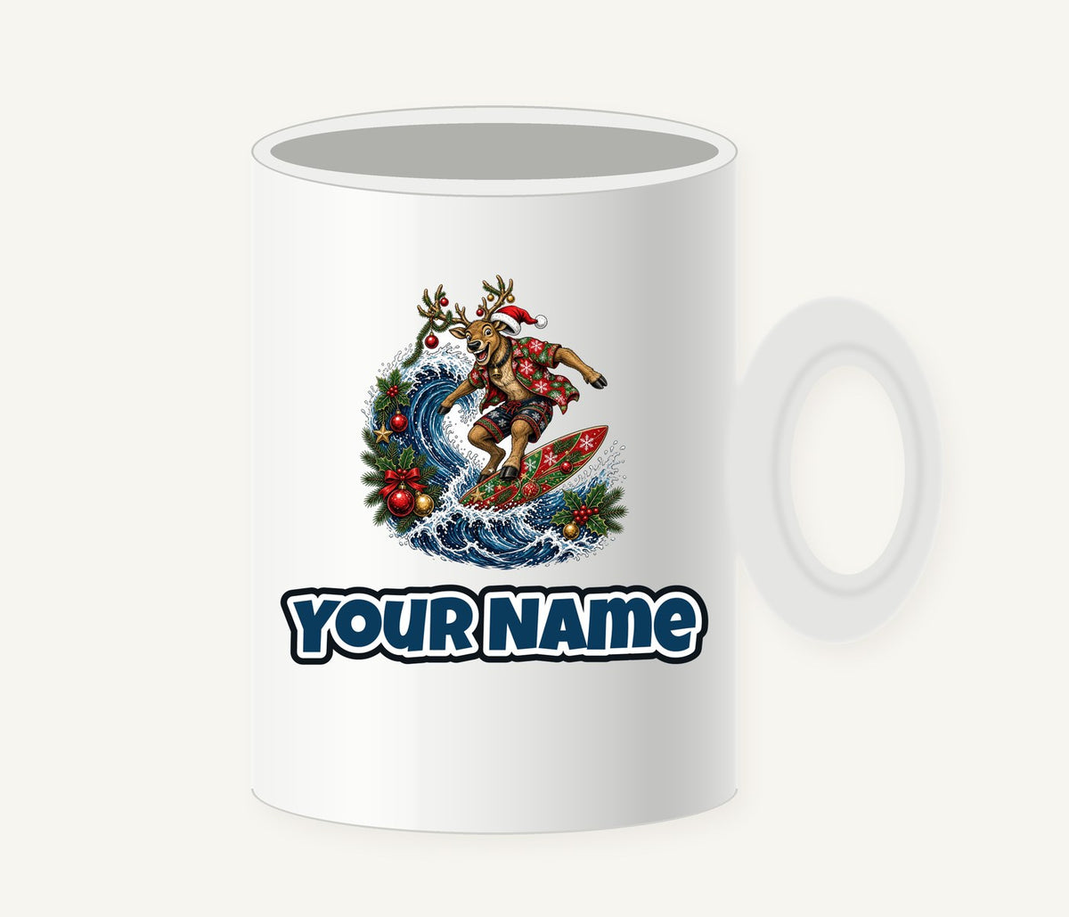 Reindeer on a Longboard Personalised Christmas Mug