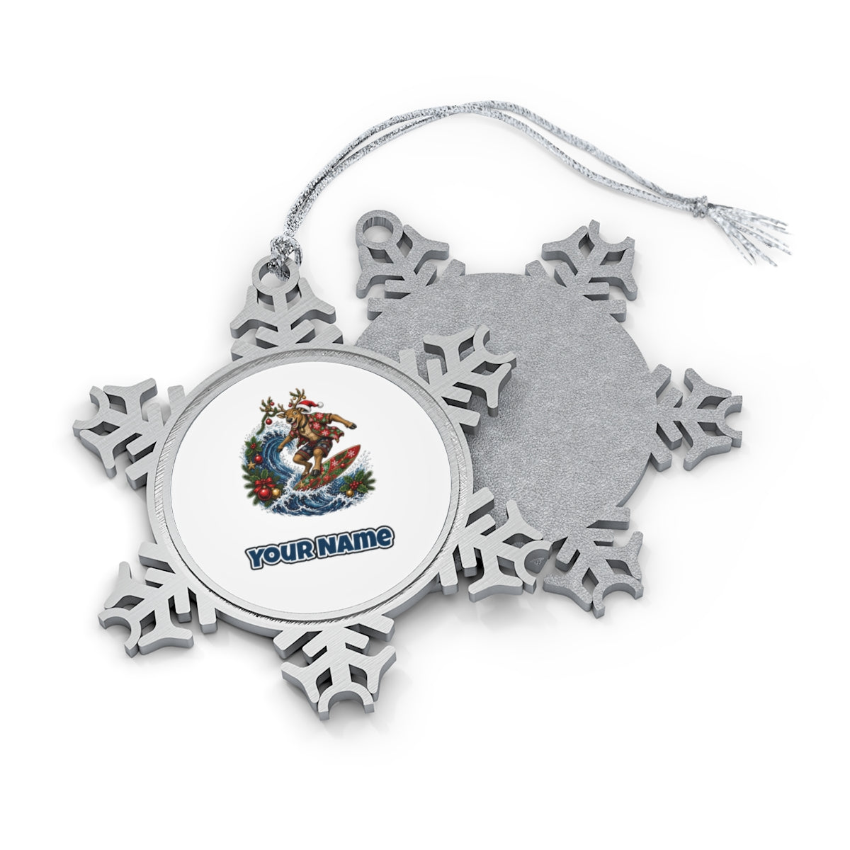 Reindeer on a Longboard personalised pewter snowflake Christmas ornament, front and back, with a name under the design