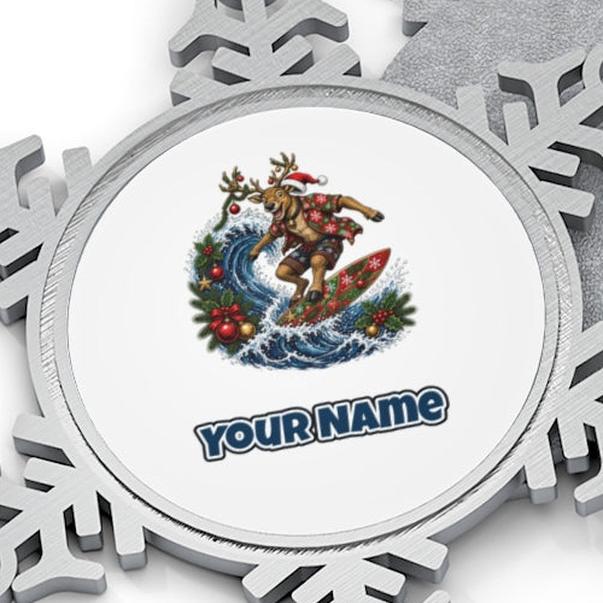Reindeer on a Longboard Personalised Pewter Christmas Ornament
