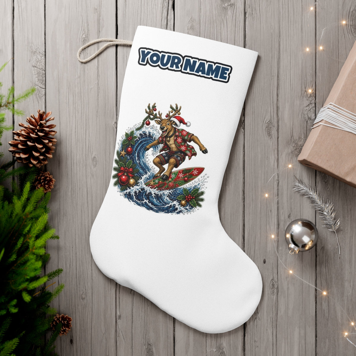 Reindeer on a Longboard personalised Christmas stocking, white, with the name across the top