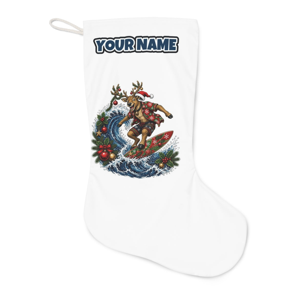 Reindeer on a Longboard Christmas stocking laid flat, showing the full print