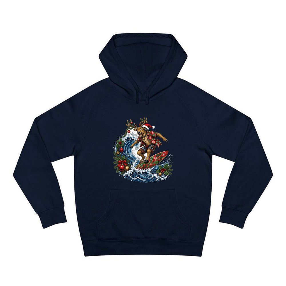 Reindeer on a Longboard personalised Christmas hoodie in navy