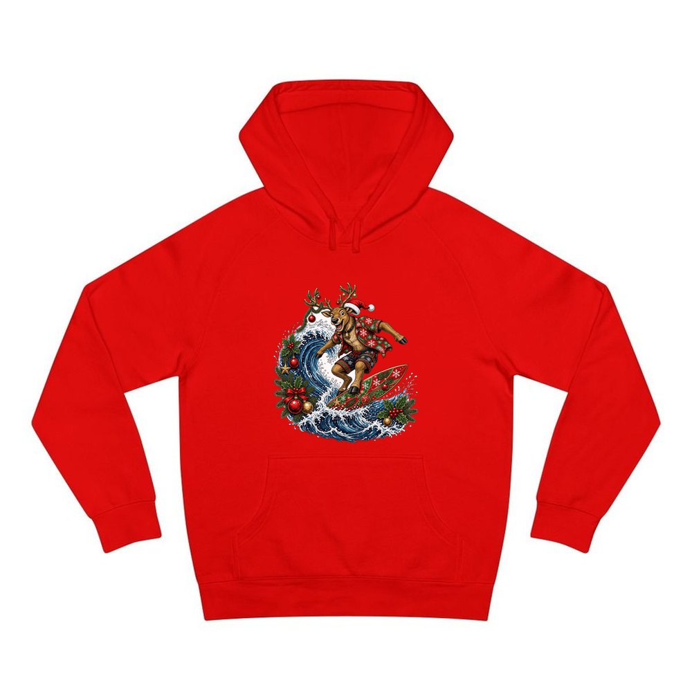 Reindeer on a Longboard personalised Christmas hoodie in red