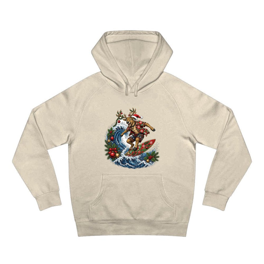 Reindeer on a Longboard personalised Christmas hoodie in sand