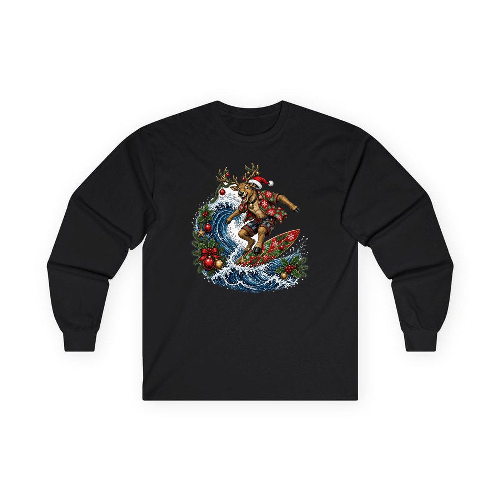 Reindeer on a Longboard personalised long sleeve Christmas T-shirt in black