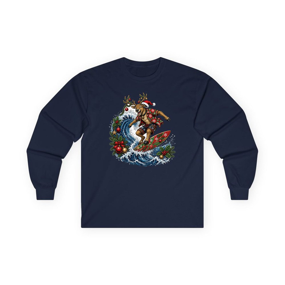Reindeer on a Longboard personalised long sleeve Christmas T-shirt in navy