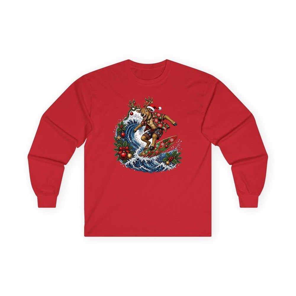 Reindeer on a Longboard personalised long sleeve Christmas T-shirt in red